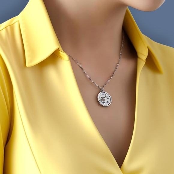 🆕️Celestial Sun & Moon Necklace 18K White Gold Plated Stainless Steel Medallion - Picture 3 of 12